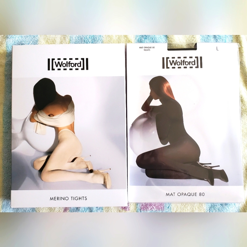 Two pairs NIP Wolford tights. Women's large & color black. Opaque. Merino.